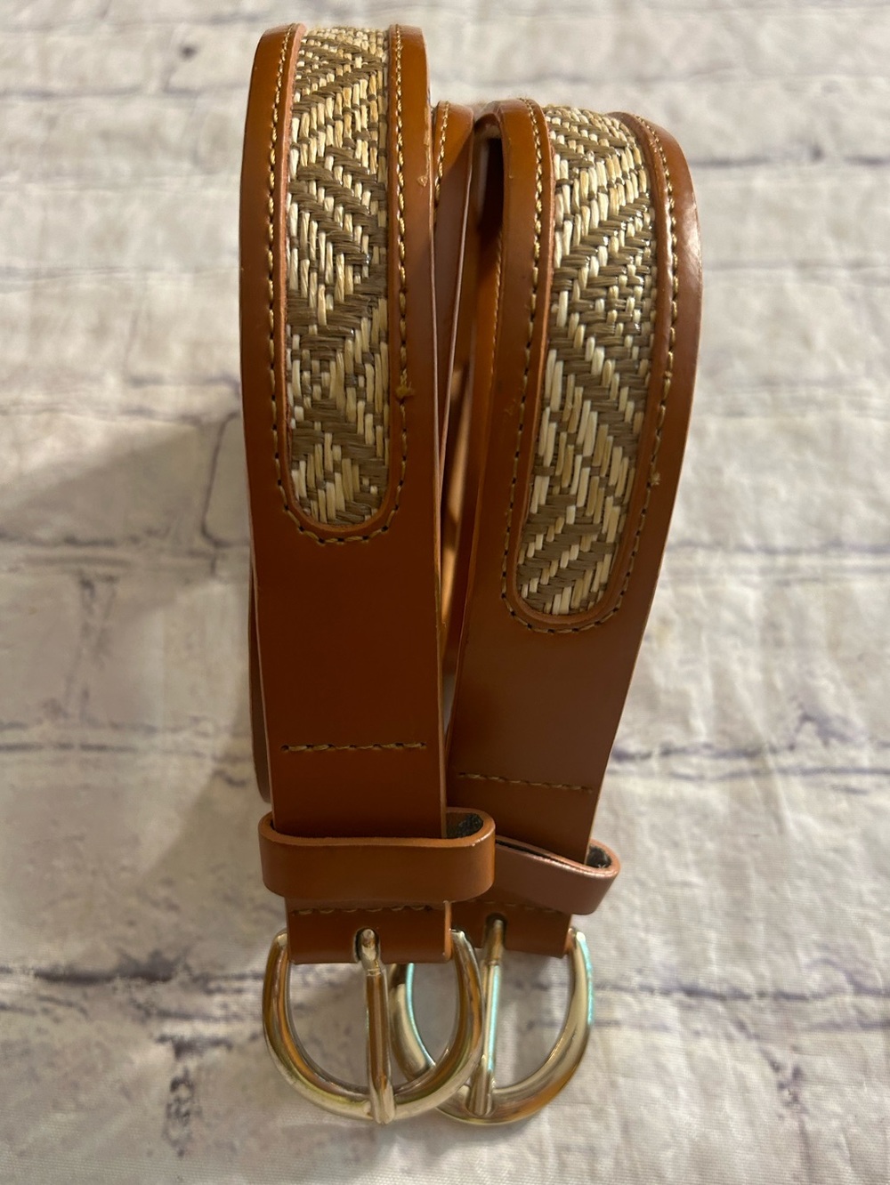 J.CREW FACTORY (2) CARMEL WITH TAN PATTERN GOLD TONE BUCKLES VEGAN LEATHER SMALL